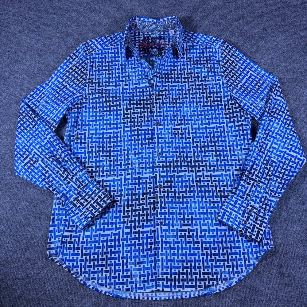 Robert Graham Mens Flip Cuff Shirt Blue Geometric Basketweave Long Sleeve M